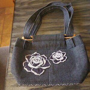 Handcrafted Texas Bag Lady Denim Tote With Floral Embroidery & Bamboo Handles